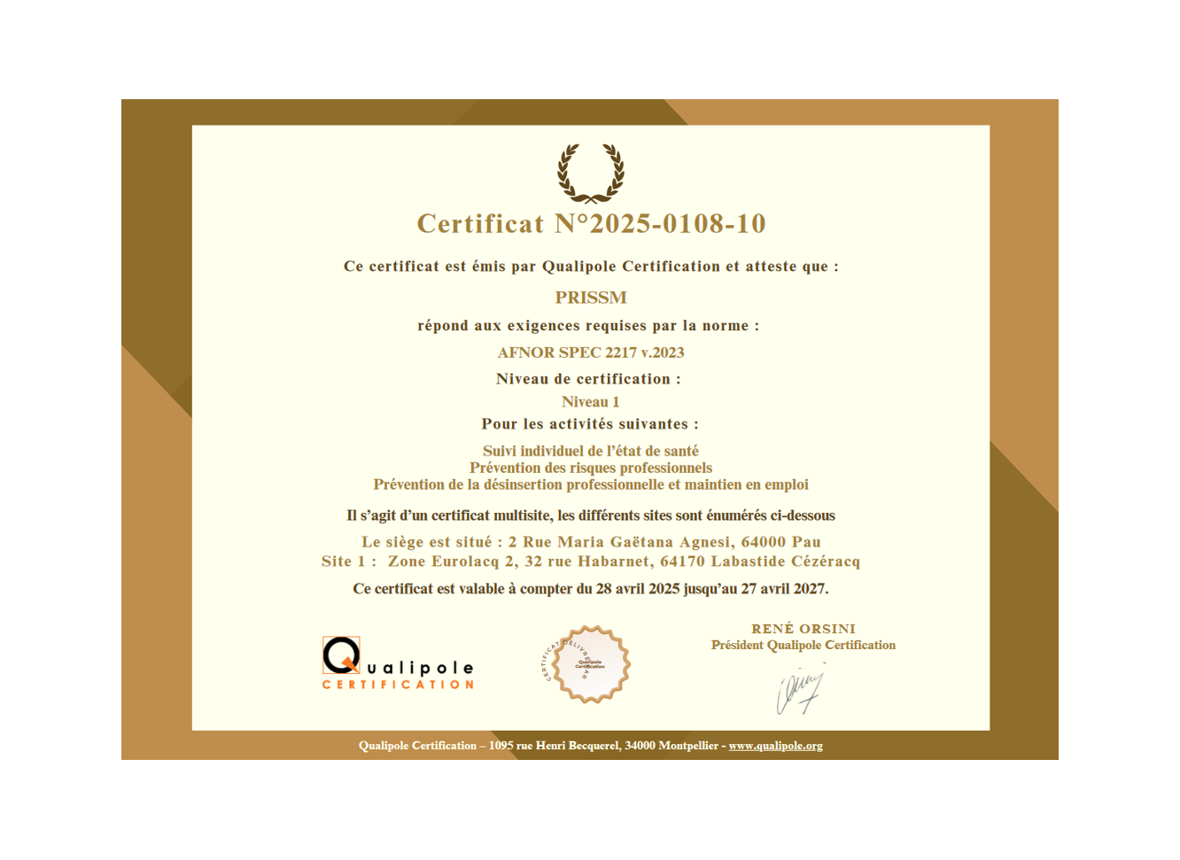 Le PRISSM est certifié SPEC 2217 !